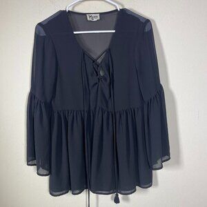 Show Me Your Mumu Small Black Peplum Sheer Tie Front Blouse Bell Sleeves!